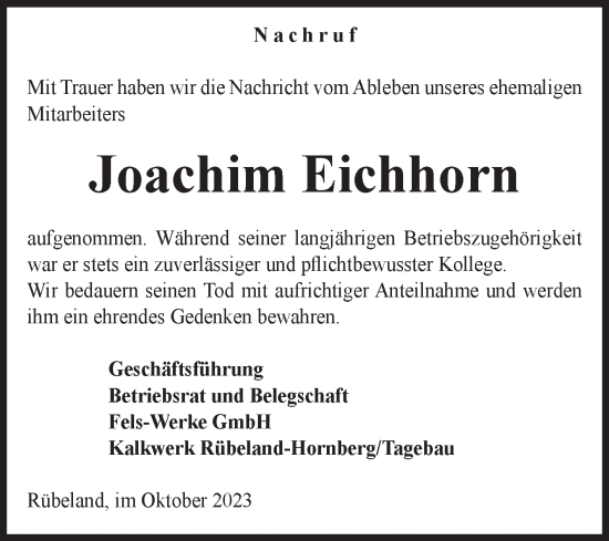 Traueranzeige von Joachim Eichhorn von Volksstimme Wernigerode