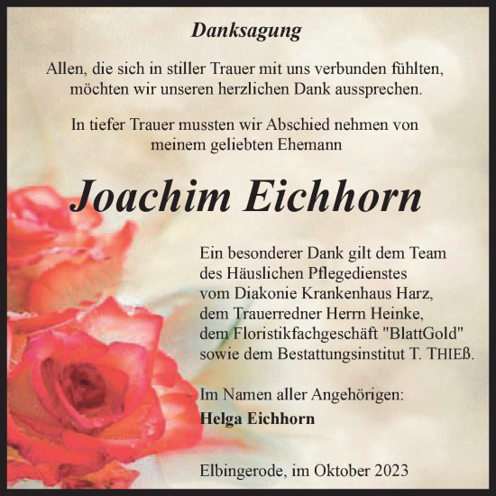 Traueranzeige von Joachim Eichhorn von Volksstimme Wernigerode