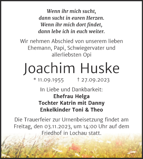 Traueranzeige von Joachim Huske von Mitteldeutsche Zeitung Halle/Saalkreis