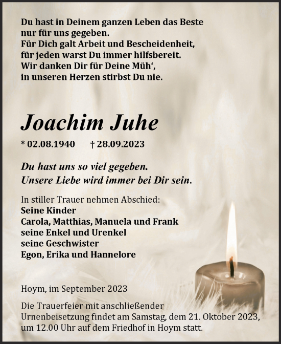 Traueranzeige von Joachim Juhe von Trauerkombi Aschersleben