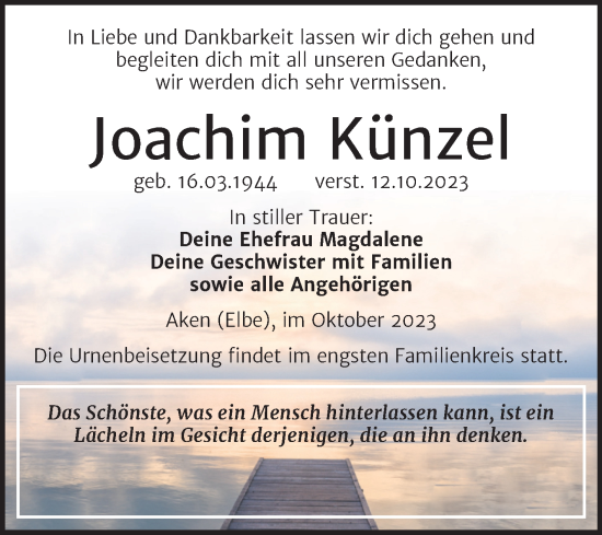 Traueranzeige von Joachim Künzel von Trauerkombi Köthen