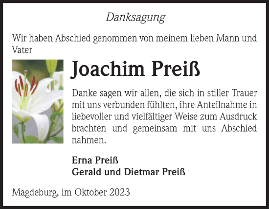 Traueranzeige von Joachim Preiß von Volksstimme Magdeburg