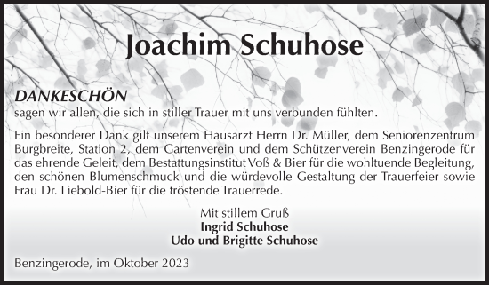 Traueranzeige von Joachim Schuhose von Volksstimme Wernigerode