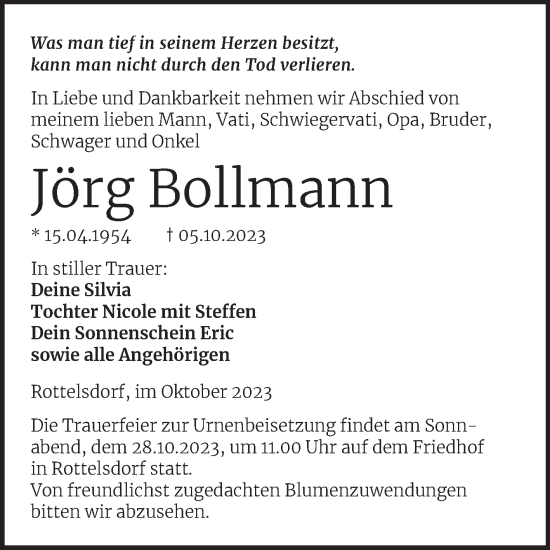 Traueranzeige von Jörg Bollmann von Trauerkombi Mansfelder Land