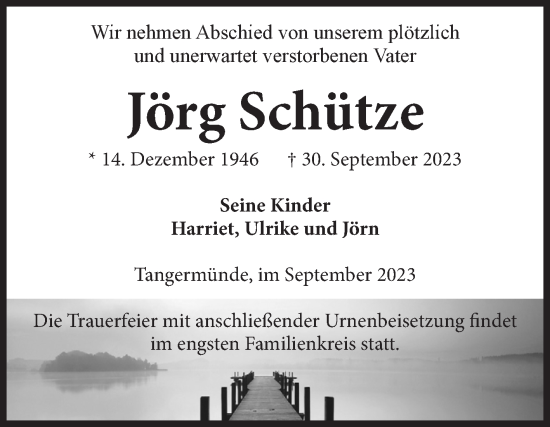 Traueranzeige von Jörg Schütze von Volksstimme Altmark Ost