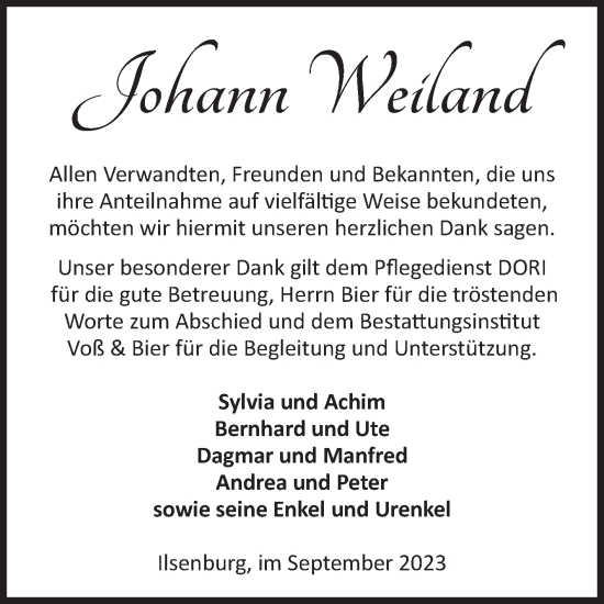 Traueranzeige von Johann Weiland von Volksstimme Wernigerode