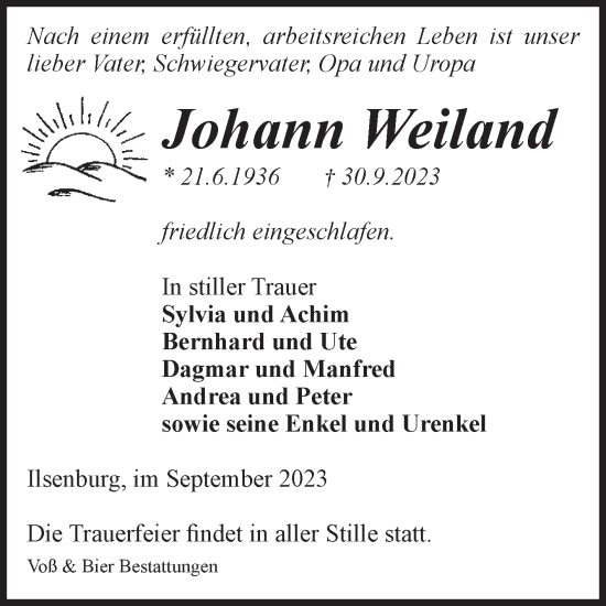 Traueranzeige von Johann Weiland von Volksstimme Wernigerode
