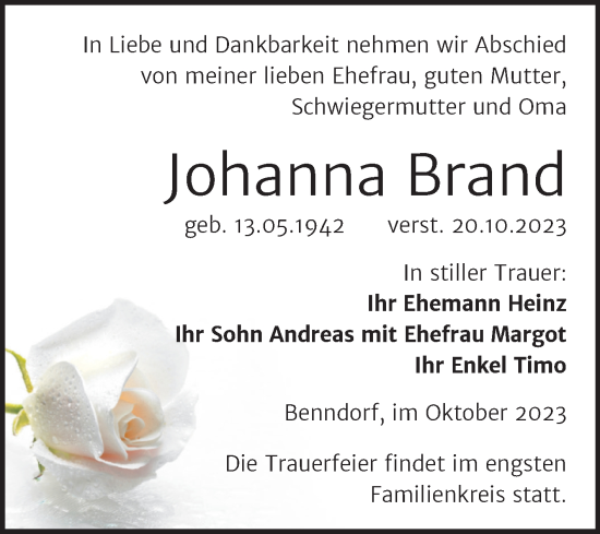 Traueranzeige von Johanna Brand von Trauerkombi Mansfelder Land