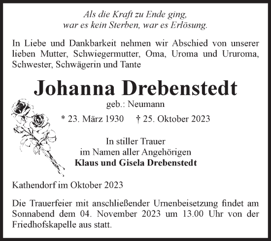 Traueranzeige von Johanna Drebenstedt von Volksstimme Haldensleben/Wolmirstedt