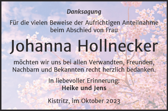 Traueranzeige von Johanna Hollnecker von Trauerkombi Weißenfels