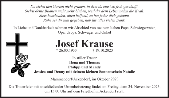 Traueranzeige von Josef Krause von Volksstimme Haldensleben/Wolmirstedt