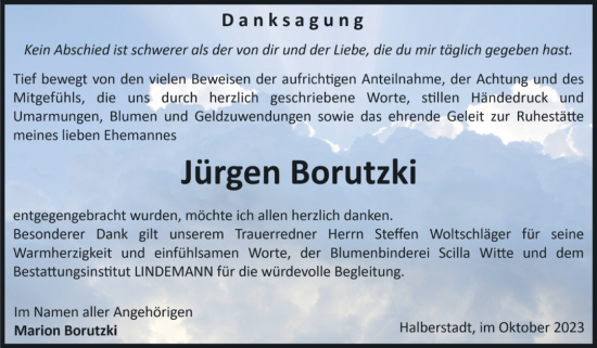 Traueranzeige von Jürgen Borutzki von Volksstimme Halberstadt
