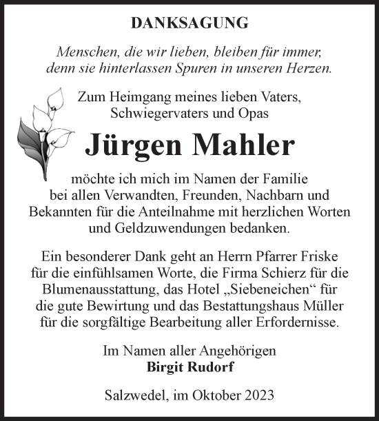 Traueranzeige von Jürgen Mahler von Volksstimme Altmark West