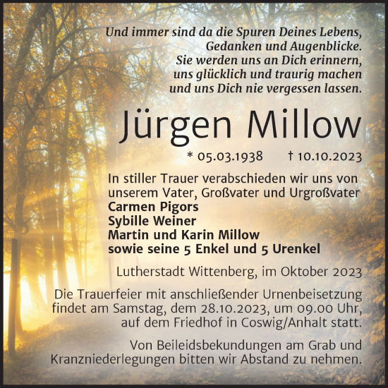 Traueranzeige von Jürgen Millow von Trauerkombi Wittenberg