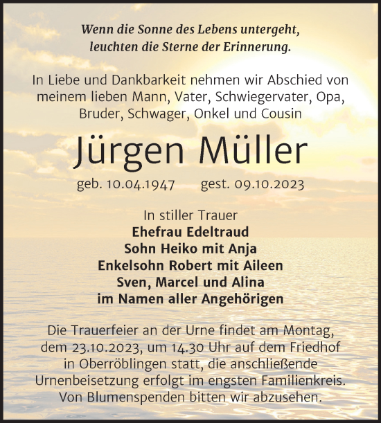 Traueranzeige von Jürgen Müller von Trauerkombi Sangerhausen