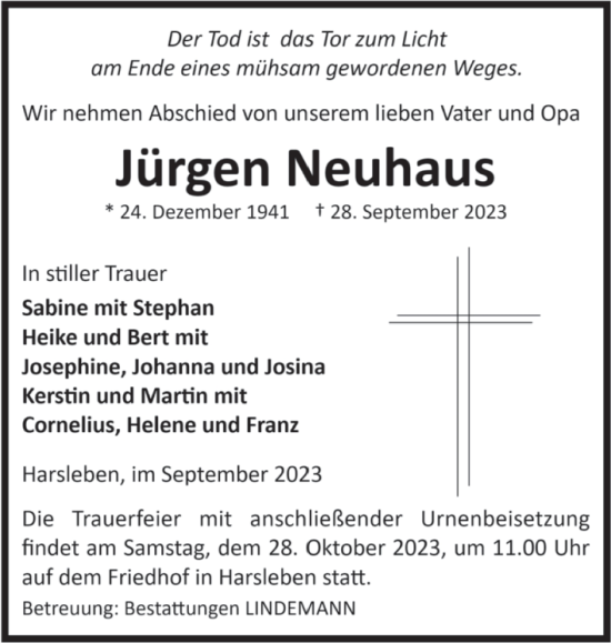 Traueranzeige von Jürgen Neuhaus von Volksstimme Halberstadt