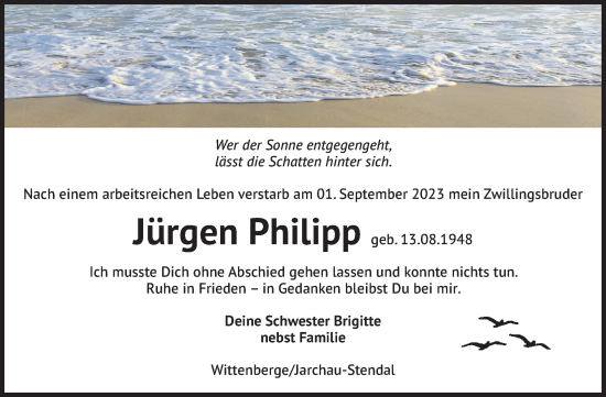 Traueranzeige von Jürgen Philipp von Volksstimme Altmark Ost