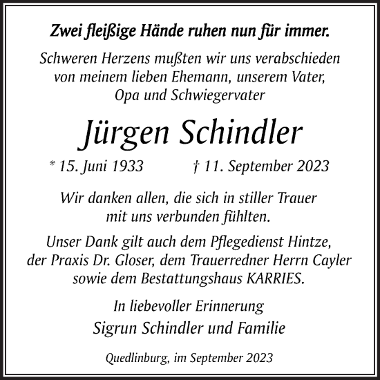 Traueranzeige von Jürgen Schindler von Mitteldeutsche Zeitung Quedlingburg