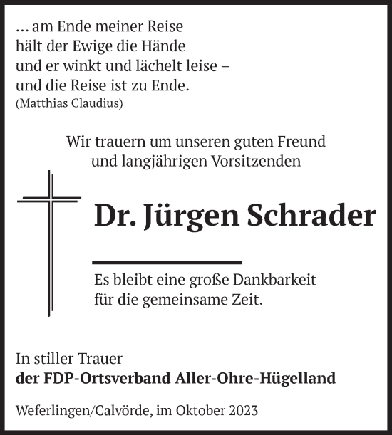Traueranzeige von Jürgen Schrader von Volksstimme Haldensleben/Wolmirstedt