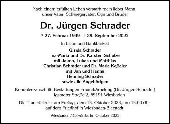 Traueranzeige von Jürgen Schrader von Volksstimme Haldensleben/Wolmirstedt