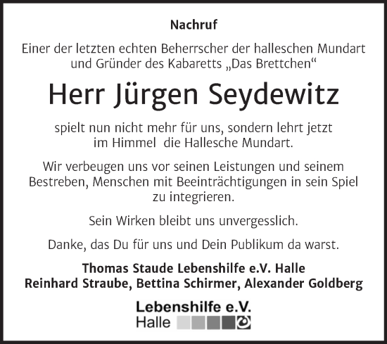 Traueranzeige von Jürgen Seydewitz von Mitteldeutsche Zeitung Halle/Saalkreis