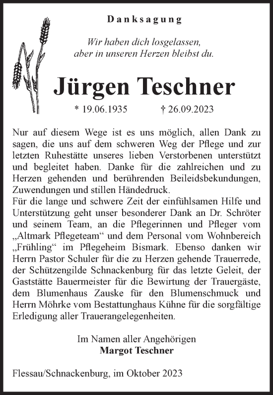 Traueranzeige von Jürgen Teschner von Volksstimme Altmark Ost