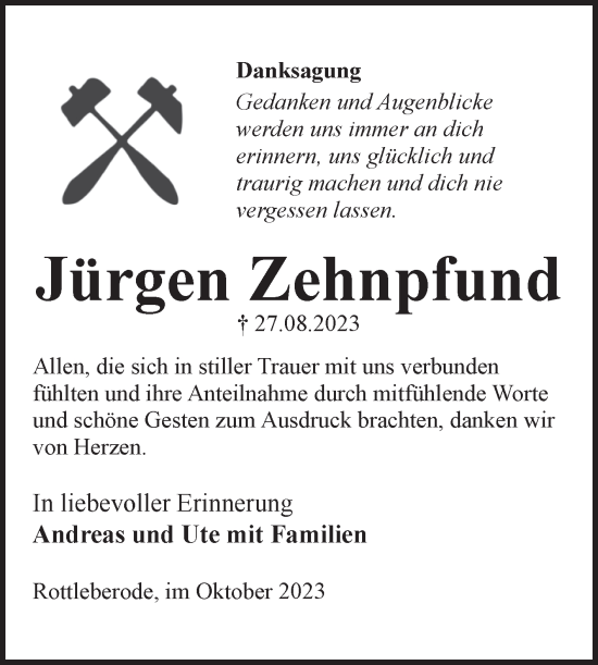 Traueranzeige von Jürgen Zehnpfund von Trauerkombi Sangerhausen