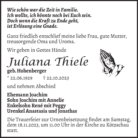 Traueranzeige von Juliana Thele von Trauerkombi Merseburg