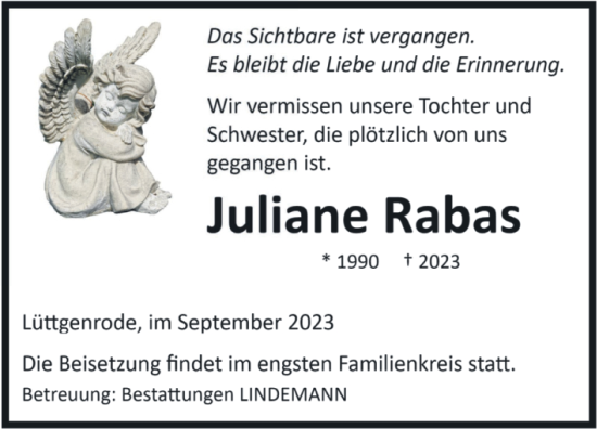 Traueranzeige von Juliane Rabas von Volksstimme Halberstadt