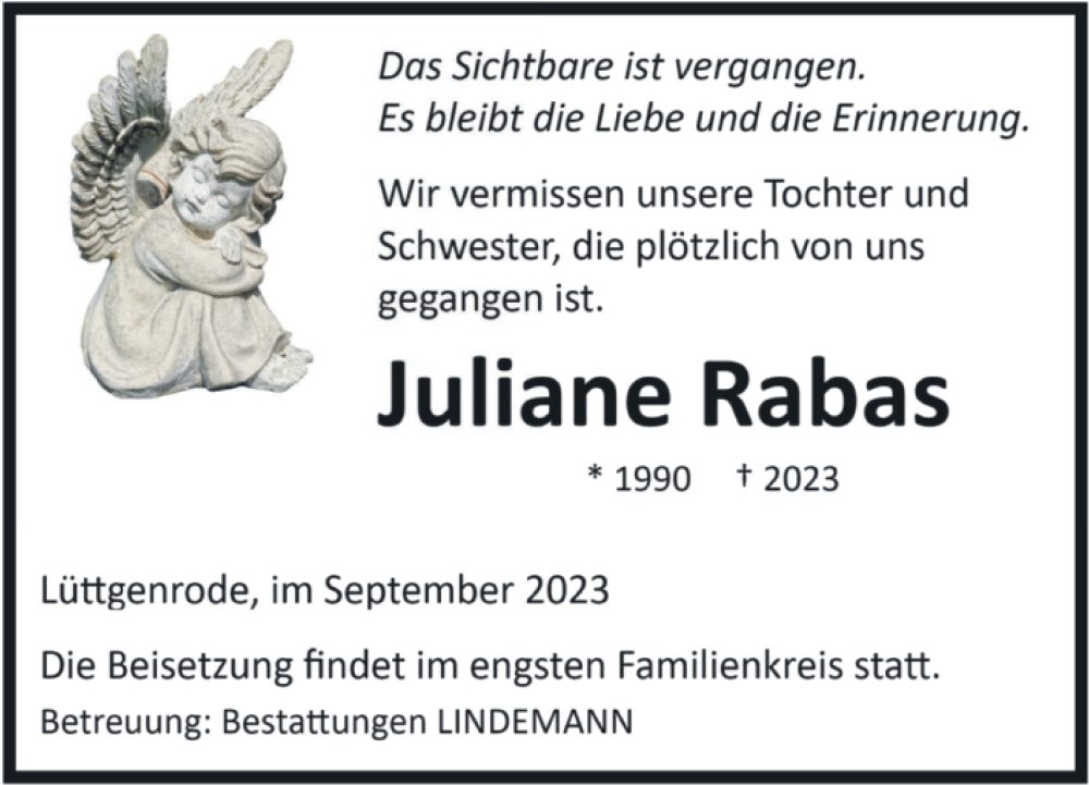  Traueranzeige für Juliane Rabas vom 07.10.2023 aus Volksstimme Halberstadt