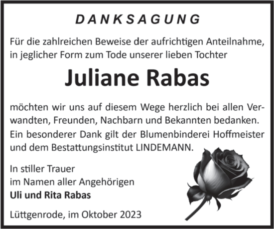 Traueranzeige von Juliane Rabas von Volksstimme Halberstadt