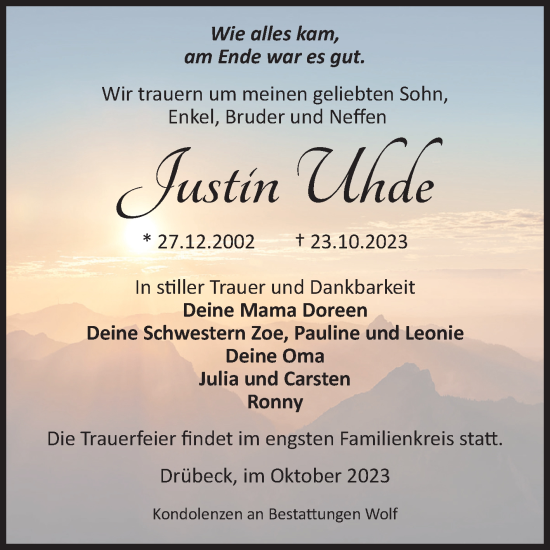 Traueranzeige von Justin Uhde von Volksstimme Wernigerode