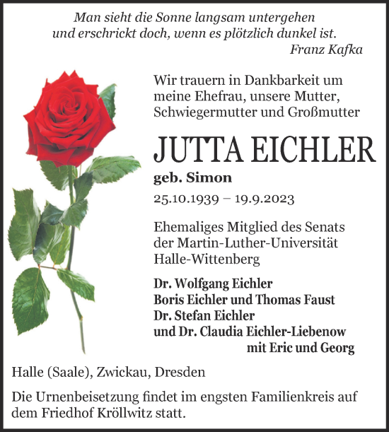 Traueranzeige von Jutta Eichler von Mitteldeutsche Zeitung Halle/Saalkreis