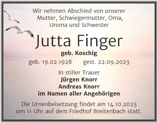 Traueranzeige von Jutta Finger von Trauerkombi Zeitz