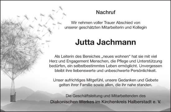 Traueranzeige von Jutta Jachmann von Volksstimme Halberstadt