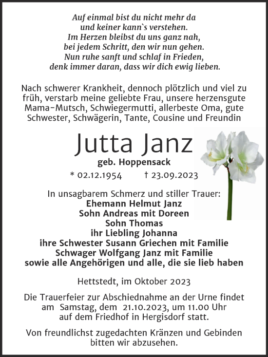 Traueranzeige von Jutta Janz von Trauerkombi Mansfelder Land