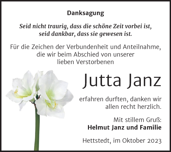 Traueranzeige von Jutta Janz von Trauerkombi Mansfelder Land