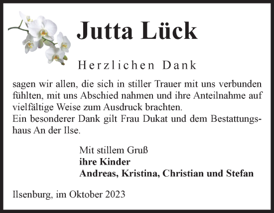 Traueranzeige von Jutta Lück von Volksstimme Wernigerode
