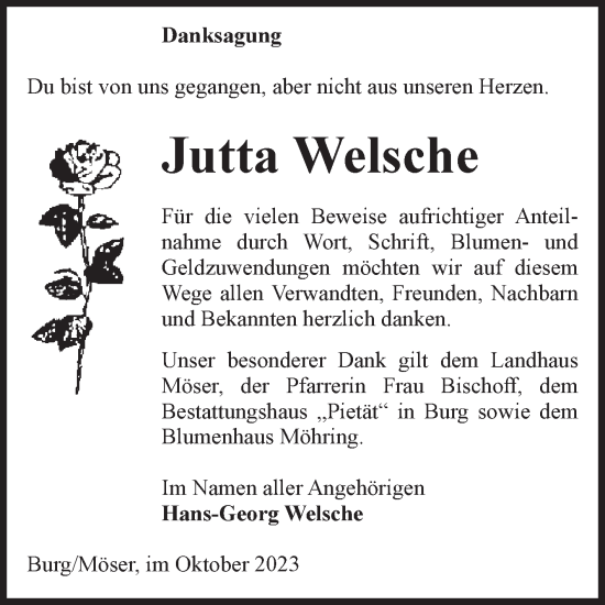 Traueranzeige von Jutta Welsche von Volksstimme Burg/Genthin