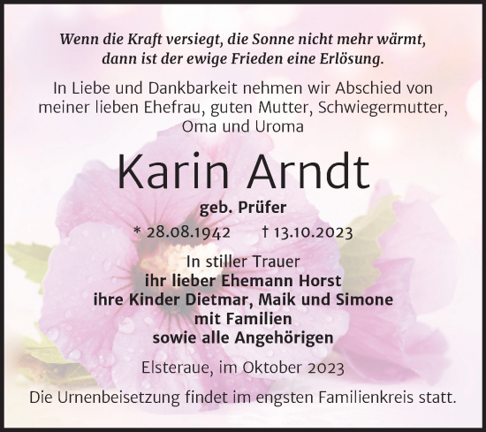 Traueranzeige von Karin Arndt von Trauerkombi Zeitz