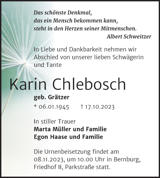Traueranzeige von Karin Chlebosch von Trauerkombi Bernburg