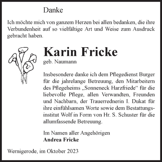 Traueranzeige von Karin Fricke von Volksstimme Wernigerode