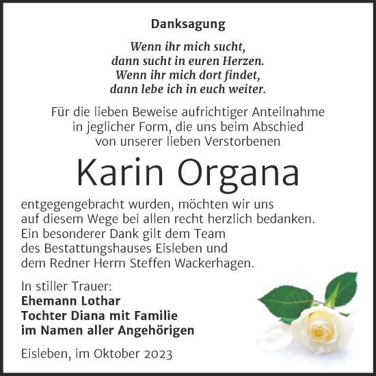Traueranzeige von Karin Organa von Trauerkombi Mansfelder Land