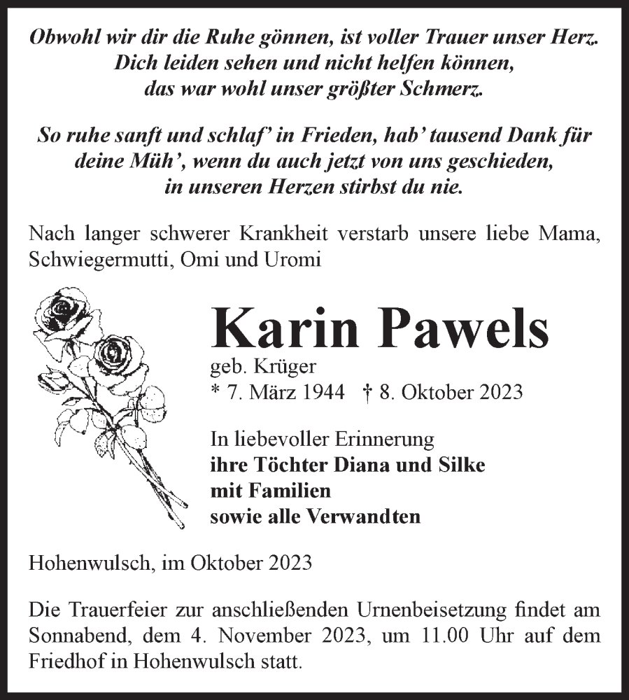  Traueranzeige für Karin Pawels vom 28.10.2023 aus Volksstimme Altmark Ost