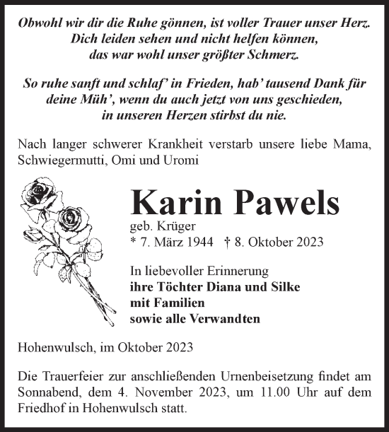 Traueranzeige von Karin Pawels von Volksstimme Altmark Ost