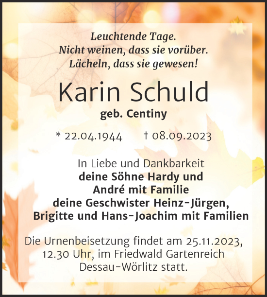 Traueranzeige von Karin Schuld von Trauerkombi Dessau