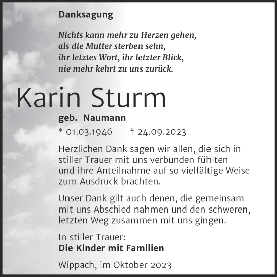 Traueranzeige von Karin Sturm von Wochenspiegel Naumburg/Nebra