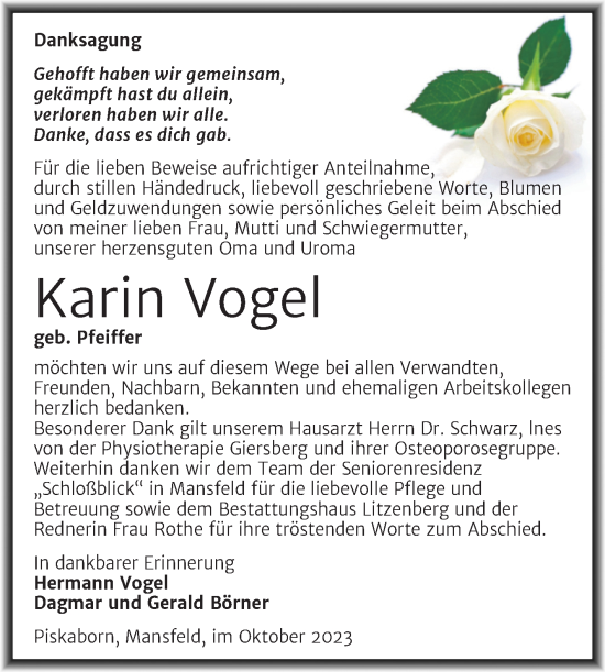 Traueranzeige von Karin Vogel von Trauerkombi Mansfelder Land