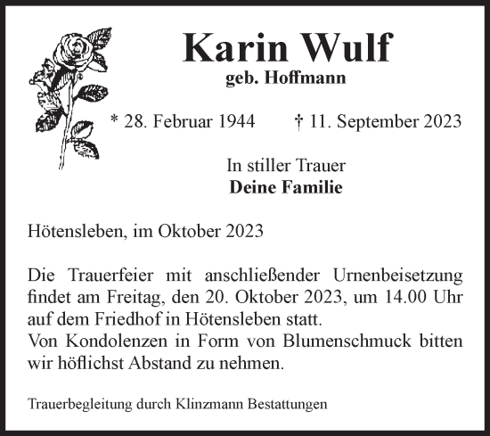 Traueranzeige von Karin Wulf von Volksstimme Oschersleben/Wanzleben