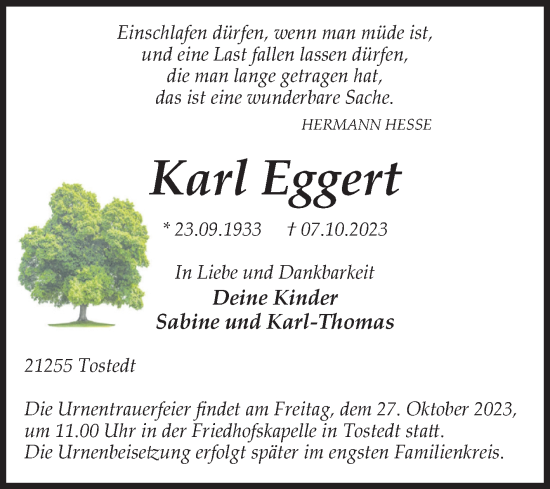 Traueranzeige von Karl Eggert von Volksstimme Altmark West